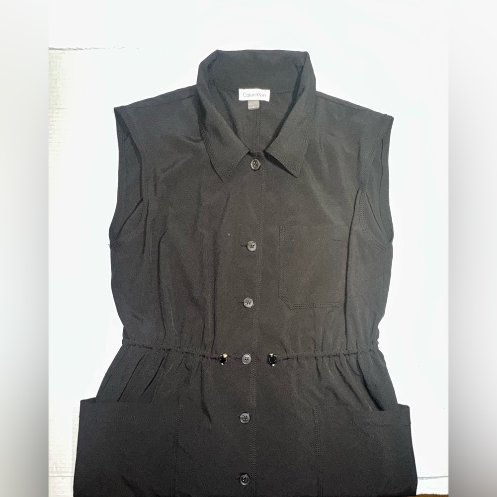 Calvin Klein Button Up Dress Womens Size 8 Black Collared Sleeveless Pockets - Picture 6 of 15